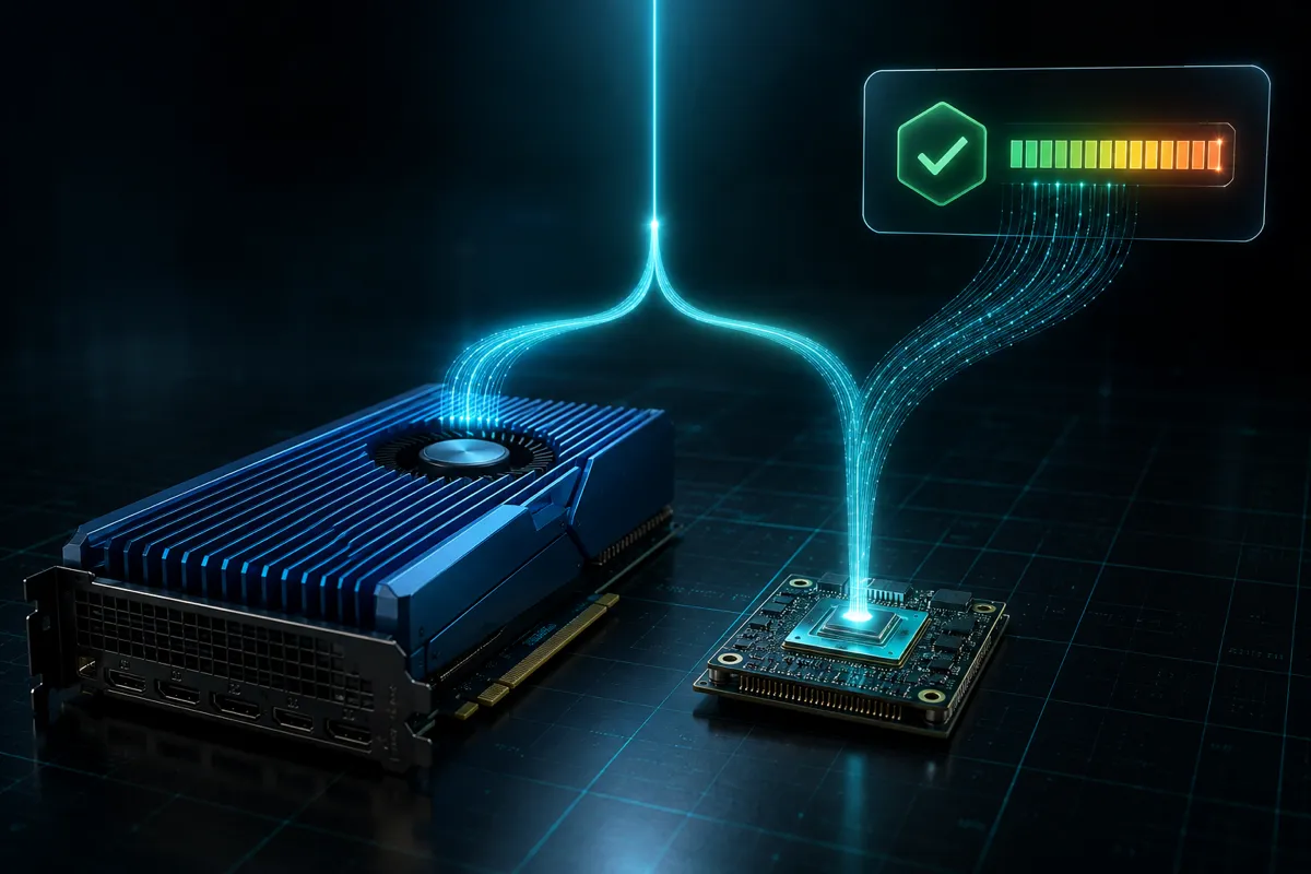 Two AI compute units processing the same input, with a converged verdict panel